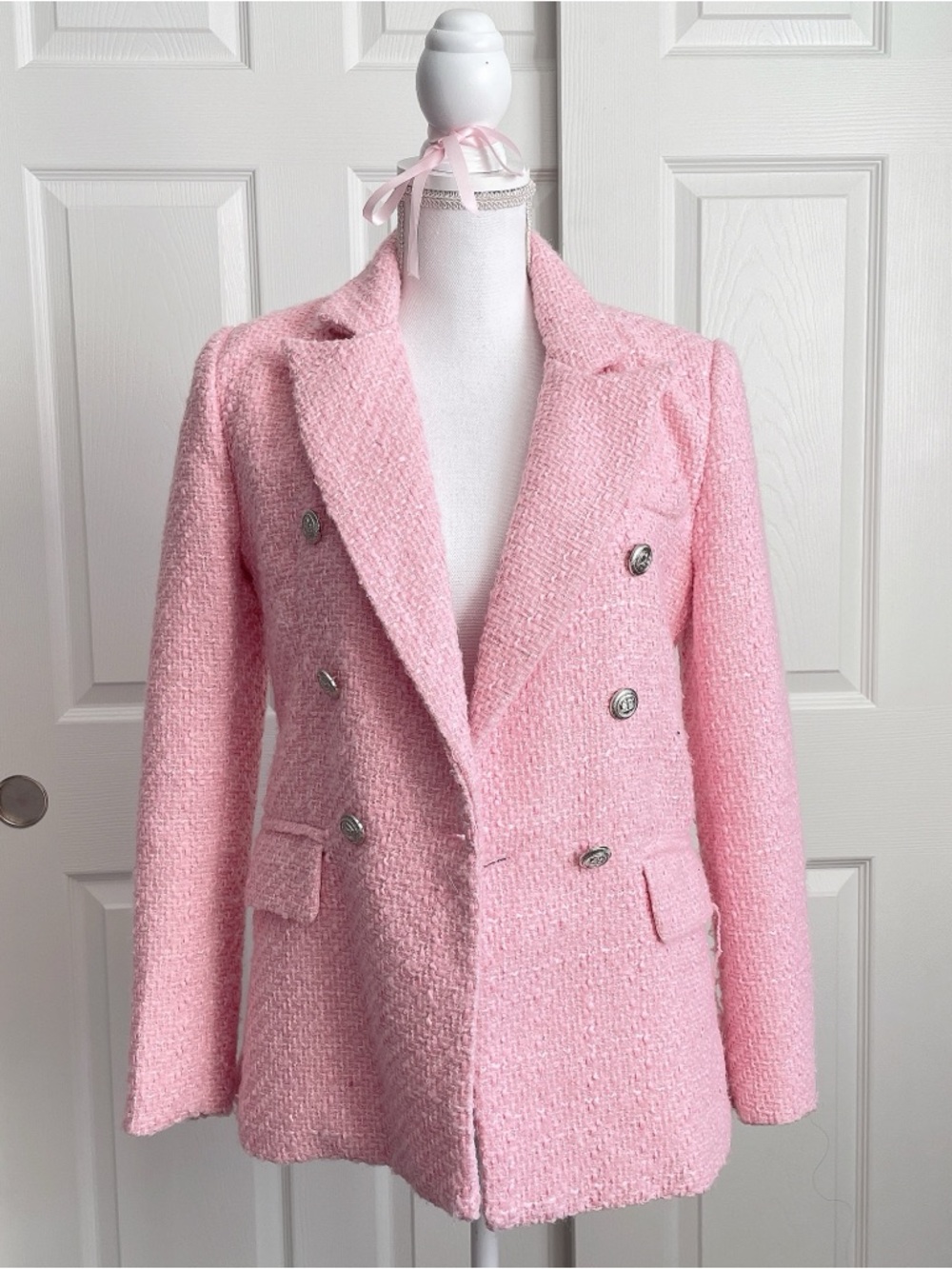 SHEIN Pink Tweed Double-Breasted Blazer Jacket